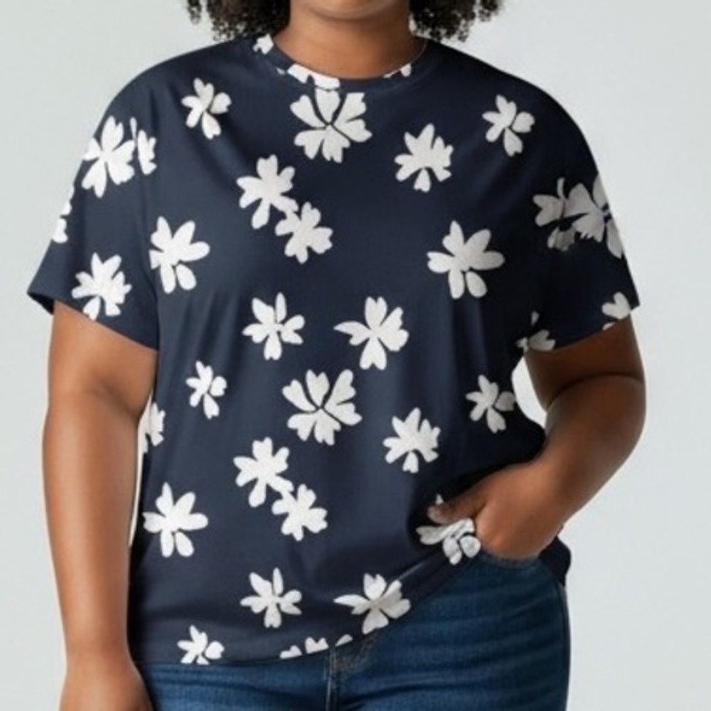 Original Use Navy Blue White Floral Print T Shirt Women's XXL Short Sleeve Top